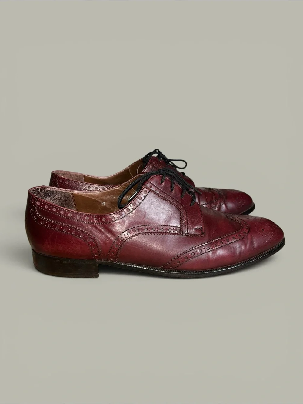 Bally Wingtip Oxblood Leather Brogue Wingtips Mens Size 9 Vintage Made In Italy